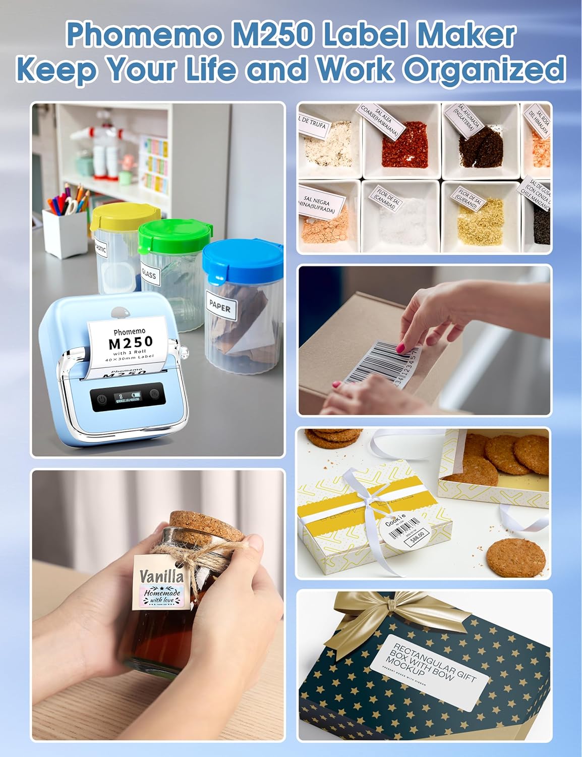 Phomemo M250 Label Maker, 3" Thermal Barcode & Address Printer - Portable Label Maker for Business, Home & Logos, Sticker Printer Compatible with Phones & PCs, with 100 Labels, 40x30mm