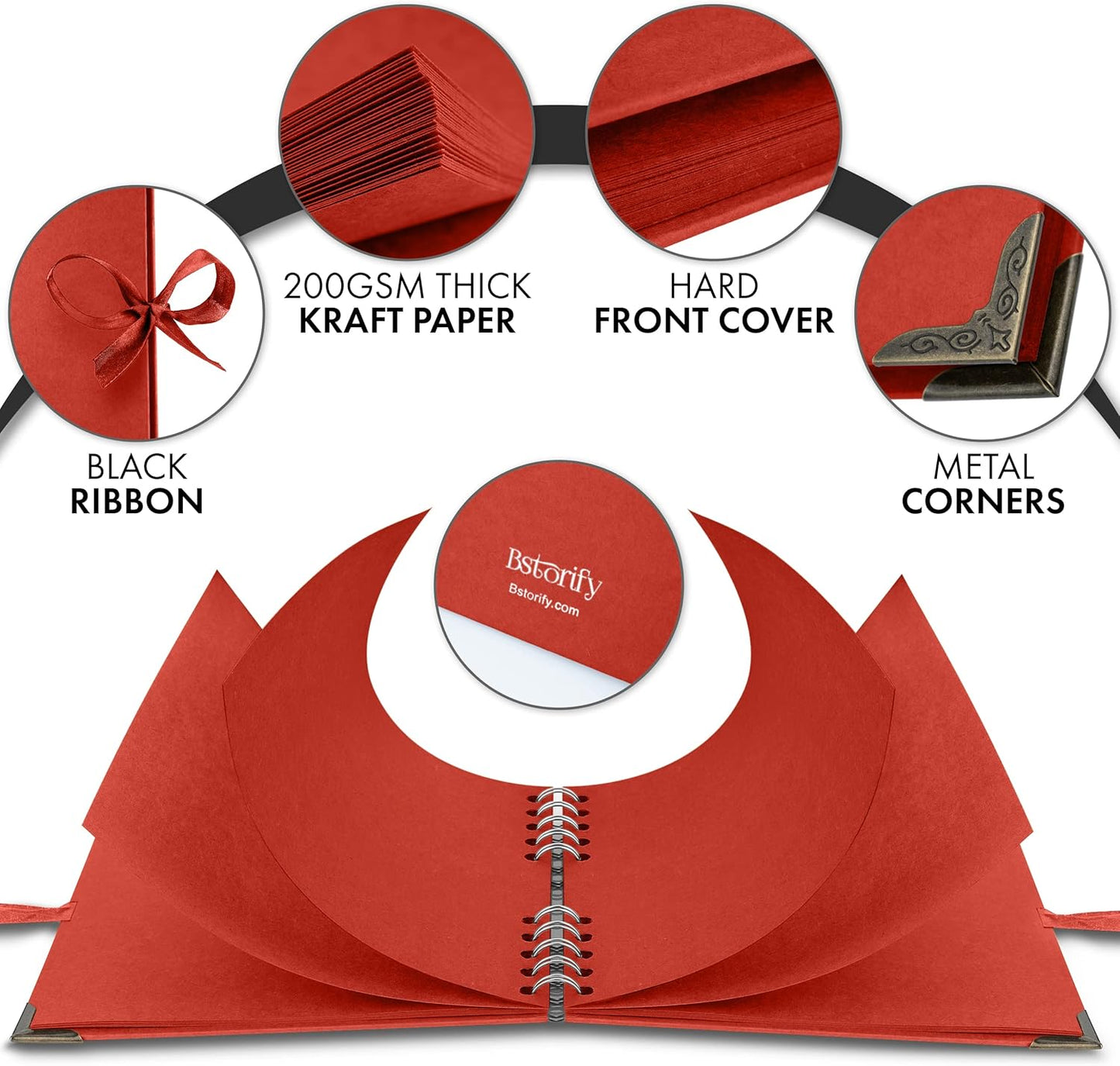 Bstorify Square Scrapbook Photo Albums 7 x 7 Inch Red Thick Paper, Hardcover, Metal Corners, Ribbon Closure - Ideal for Your Scrapbooking Albums, Art & Craft Projects