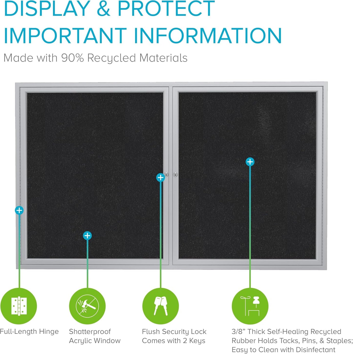 Ghent 36"x60" 2-Door indoor Enclosed Recycled Rubber Bulletin Board, Shatter Resistant, with Lock, Satin Aluminum Frame,Black (PA23660TR-BK) ,Made in the USA
