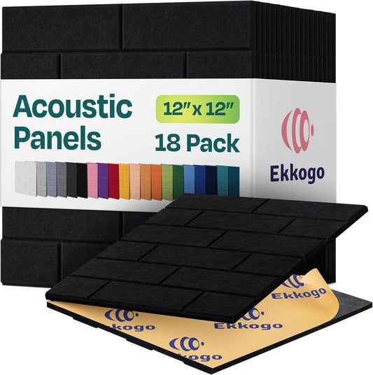 Acoustic Panels 18-Pack Soundproof Wall Panels 12"X12"X0.4" Brick Style Sound Panels Premium Sound Dampening Panels Easy Self Adhesive Installation - [Deep Black]