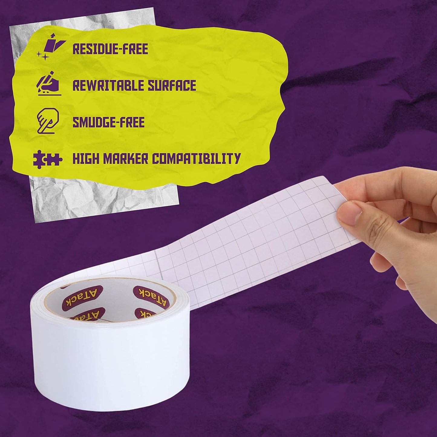 ATack Whiteboard Dry Erase Tape, 2 Inches x 30 Foot, White, Smudge-Free White Board Dry Erase Label Sticker for Storage Bins, Classrooms, and Teachers for Reading Lessons for Sentence Strips