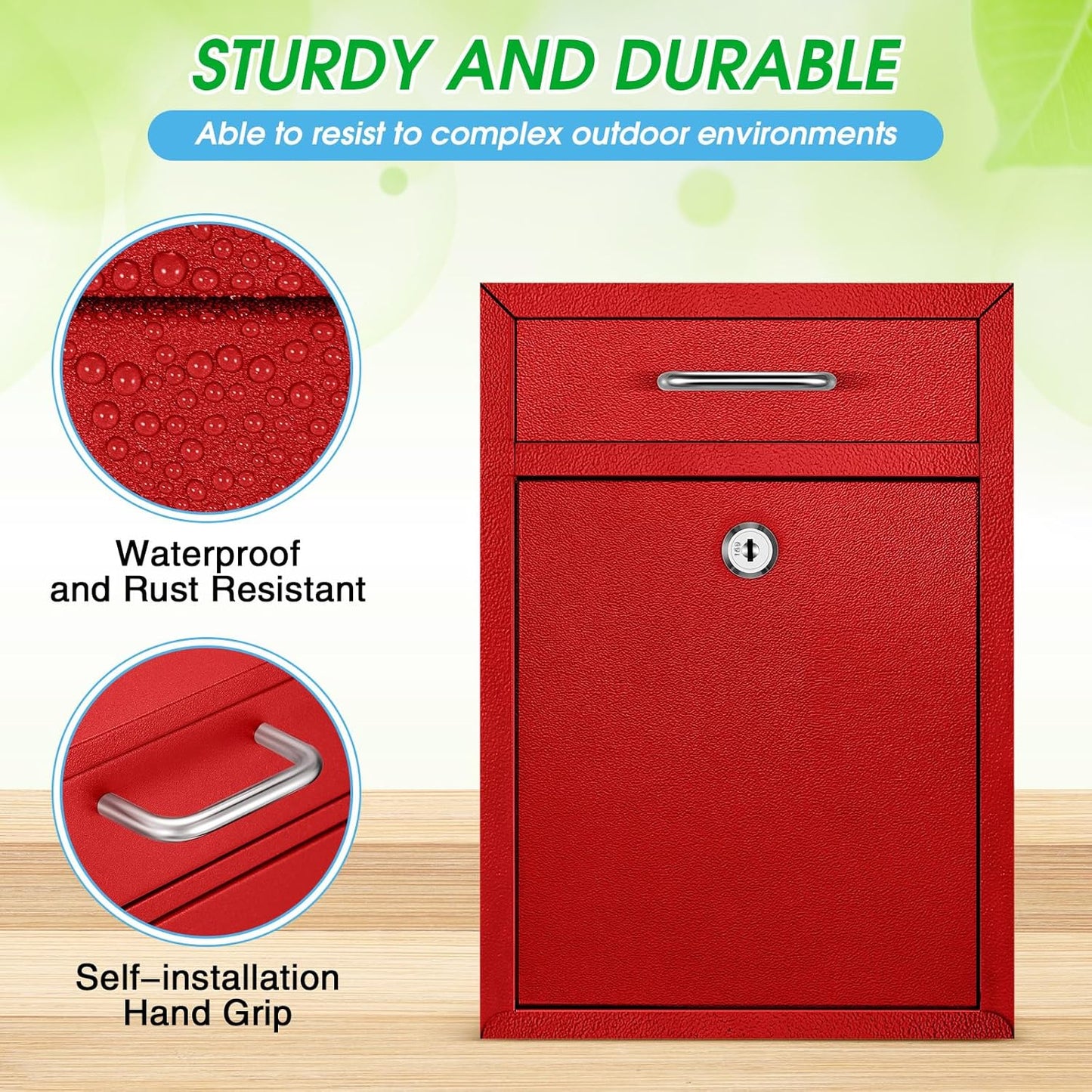 Locking Mailbox with Key for Outdoor 12.2 x 8.5 x 3 Inches Large Wall Mount Mail Box with Lock Security Mail Drop Metal Collection Boxes Hanging Secure Postbox(Red)