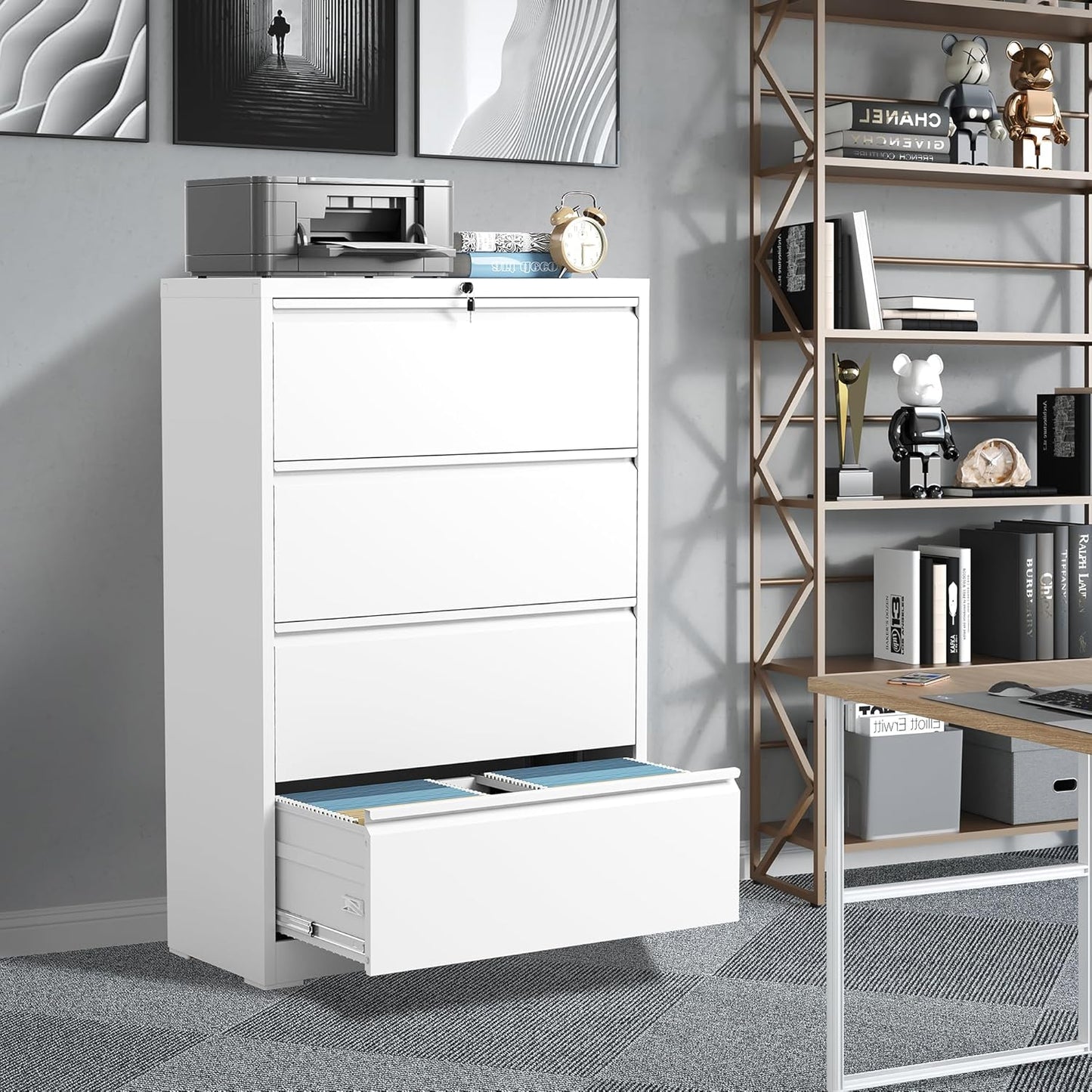 File Cabinets 4 Drawer,Metal Office Storage Filing Cabinet with Lock,White Lateral Filing Cabinet for Home Office,Horizontal Locking File Cabinets for Legal/Letter/A4,Assembly Require,White