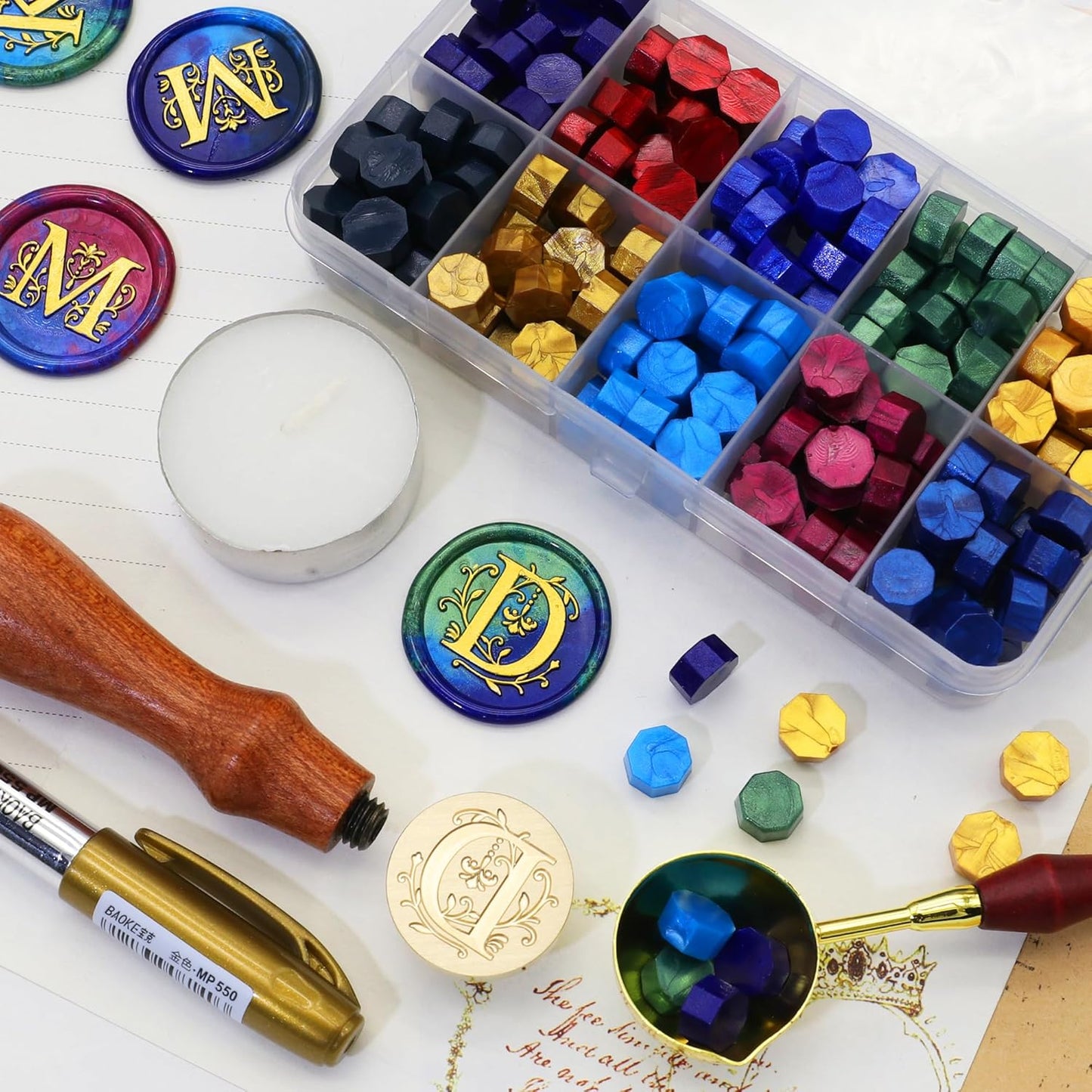 SWANGSA Initial Alphabet D Wax Seal Stamp Kit, Classic Retro Letter Sealing Stamp with 200pcs Sealing Wax Beads Kit for Wedding Invitations Cards Envelopes (D)