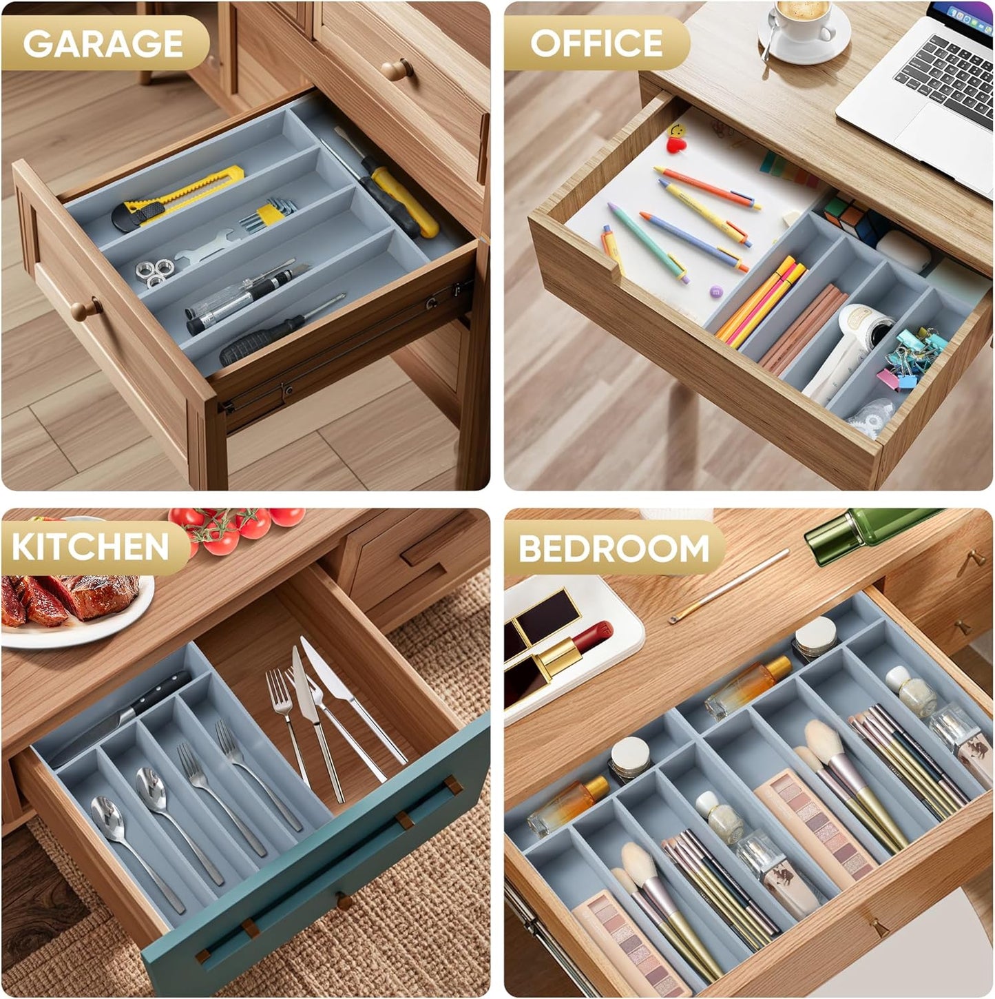 Silverware Organizer, 2 Pack 10 Inch Utensil Organizer Kitchen Drawer Organizer Bamboo Silverware Holder Cutlery Tray Organizer in Drawer Flatware Organizer Tray(5 slots, Gray）