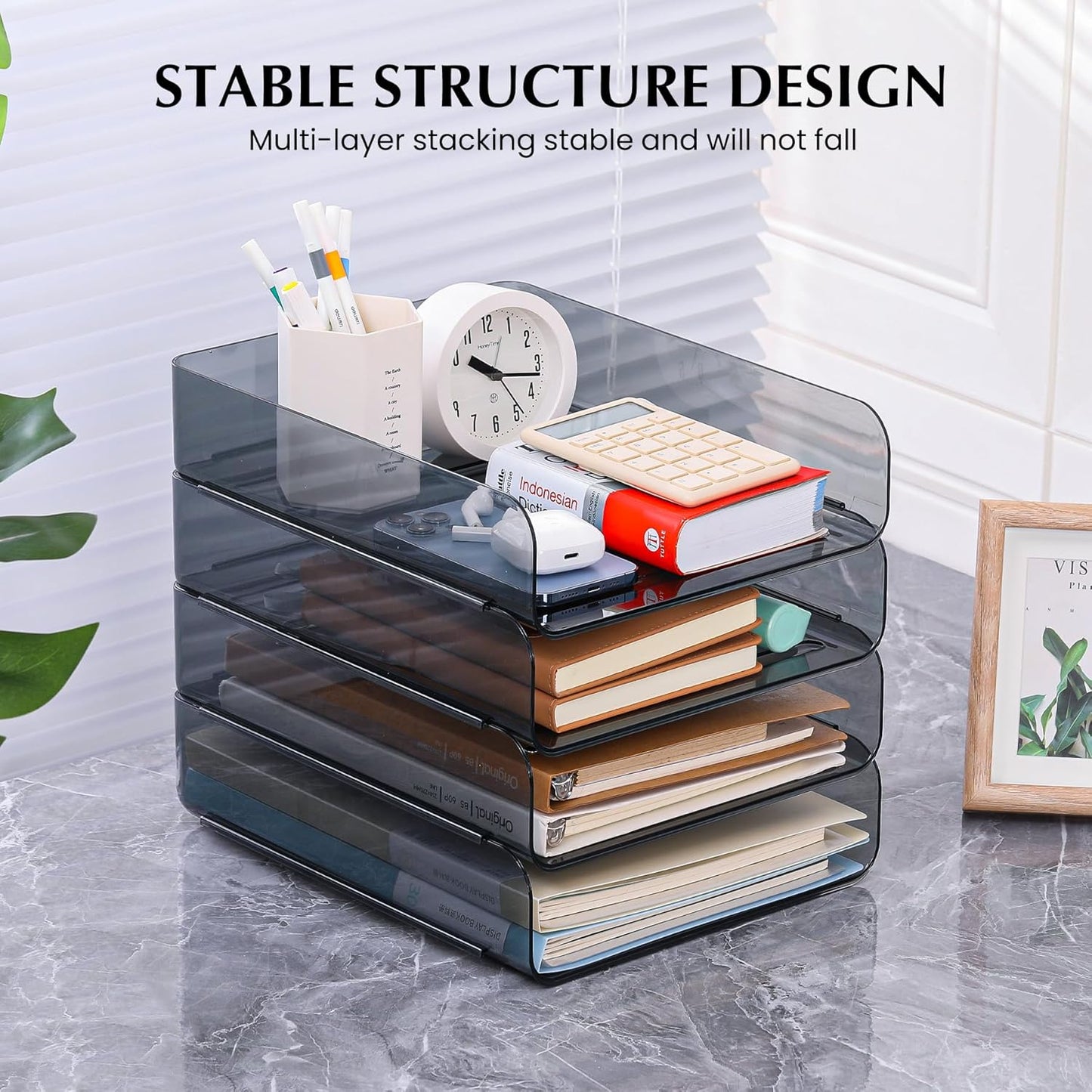 2 Pack Stackable Paper Tray Organizer, Clear File Organizer for Desk, Office Organizer and Storage for Desk Accessories, Notes, Books, File Paper, Document, Black