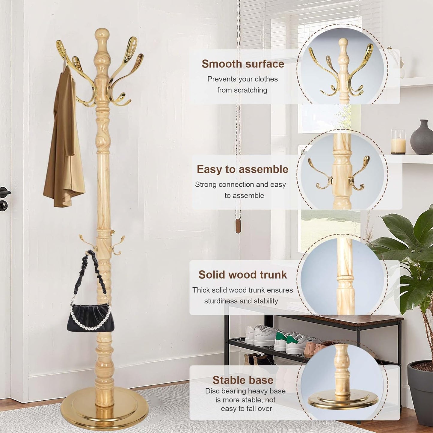 Solid Wood Coat Rack Stand with 14 Hooks, Vintage Coat Rack Freestanding with Heavy Duty Metal Base, Adjustable Height Coat Hanger Stand Hall Tree Fits Entryway Bedroom Office for Coat,Bag,Hat