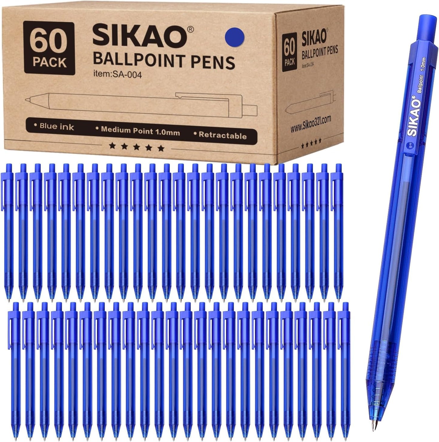 Blue Pens | 60 Pack Retractable Ballpoint Pens Multipack | Blue Ink Medium Point 1.0mm | Smooth Writing Ball Point Pens | School Office Supplies, Box of Pens Bulk (Blue Ink)