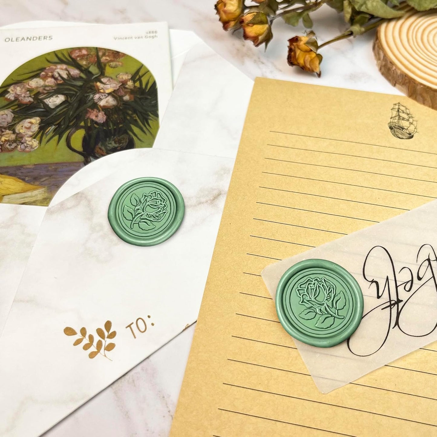 50Pcs Wax Seal Stickers Handmade Envelope Seals Self Adhesive Wax Stickers for Wedding Party Invitations, Envelope, Gift Wrap, Christmas(Rose Style, Olive Green)