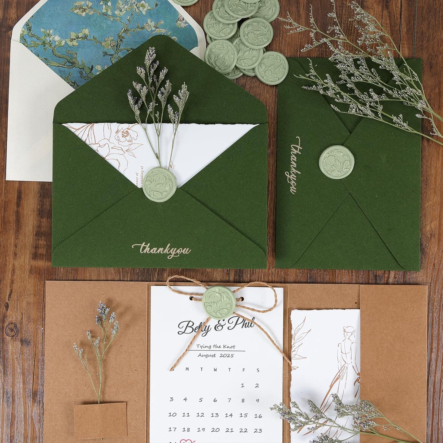 UNIQOOO Wax Seal Stickers - 3D Magnolia Wedding Invitation Envelope Botanical Seal Stickers, 50 Pcs Self- Adhesive Sage Green Stickers, Perfect for Invitation, Christmas, Gift Wrapping, Party