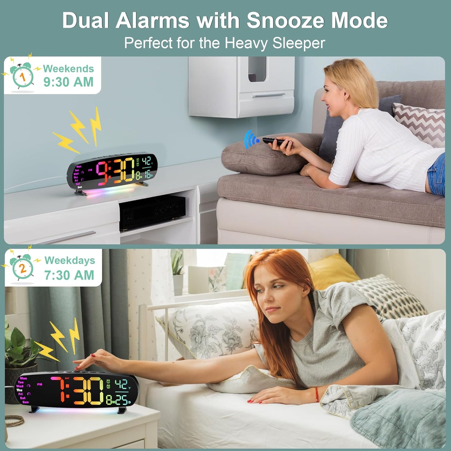 Large Digital Wall Clock, Desk Clock with Date Temperature, 11 RGB Colors, 10 Night Lights, Dual Alarm, Auto Dimming, Timer, 13.7" Digital Clock for Classroom, Bedroom, Living Room