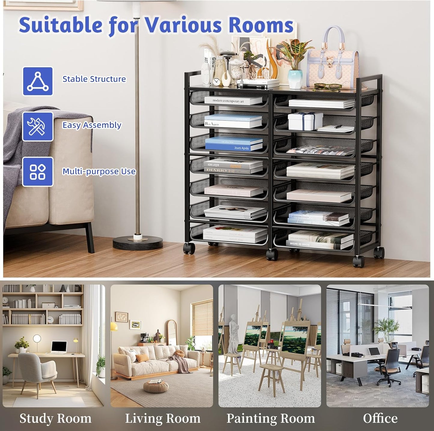 Simple Trending Rolling File Storage Cart, 15-Tier Metal Desk File Organizer with 14 Mesh Sliding Trays, Multi-Functional Clutter Cart for Office Home School, Black