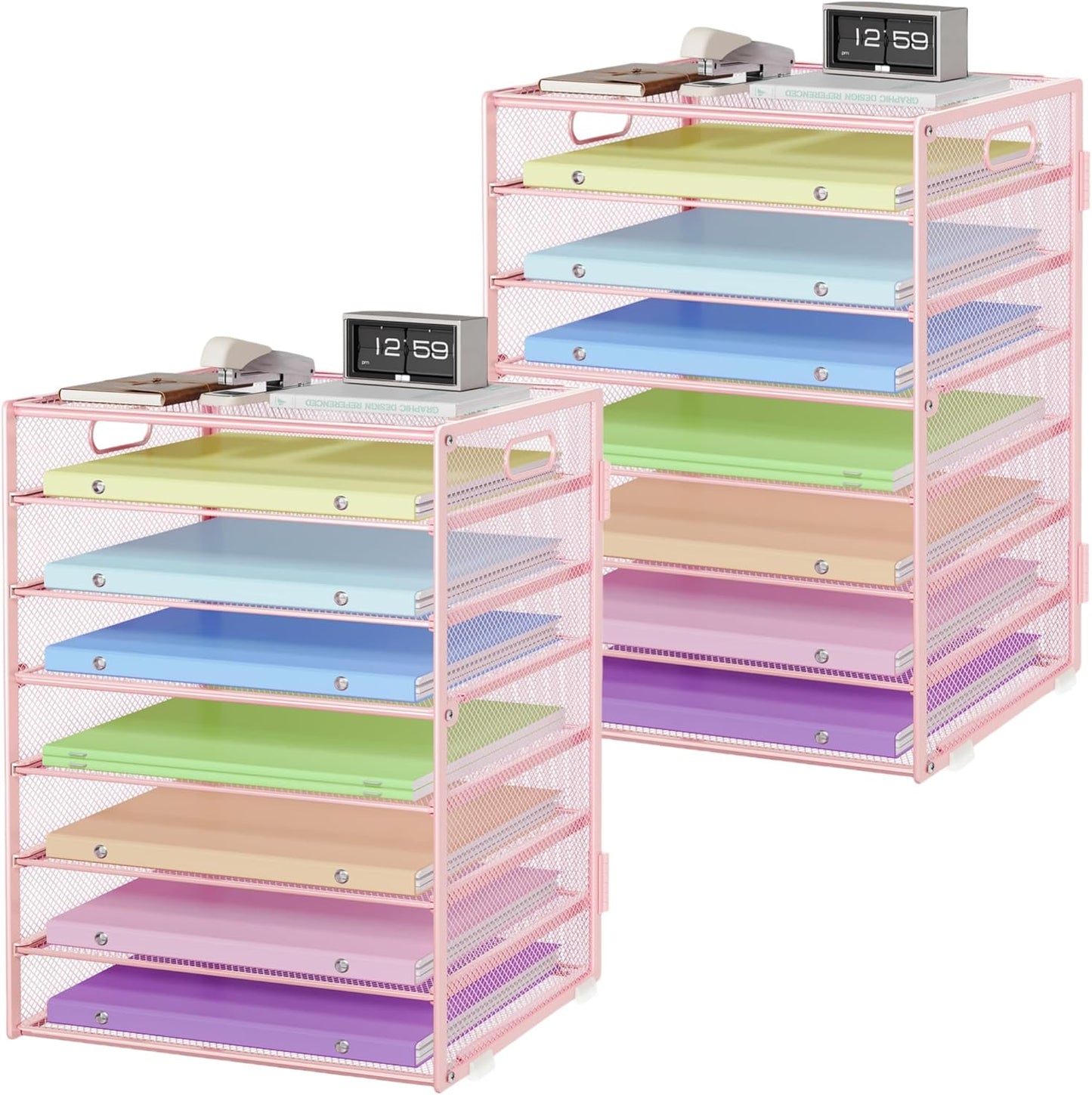 Paper Organizer with Handle Metal Mesh File Sorter Large Capacity Desk Organizers Paper Letter Tray Desktop Document Sorter for Office or Home2 Pack 8 Tier Pink Storage for Desk