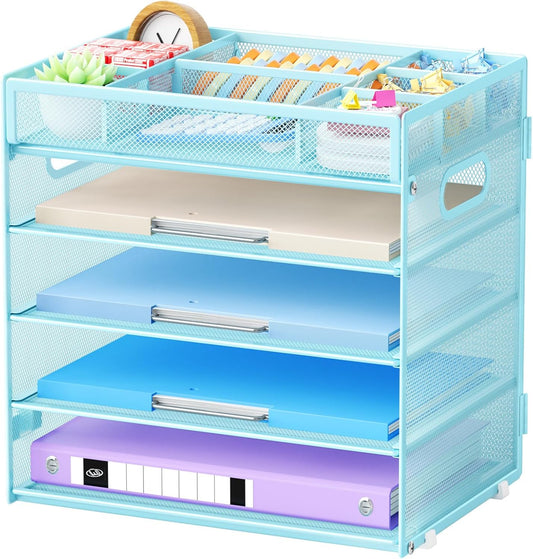 Marbrasse 5-Tier Letter Tray Paper Organizer with Handle, Multi-Functional Mesh File Organizer for Desk, Adjustable Compartments Mesh Desktop Storage for Office Supplies,Blue