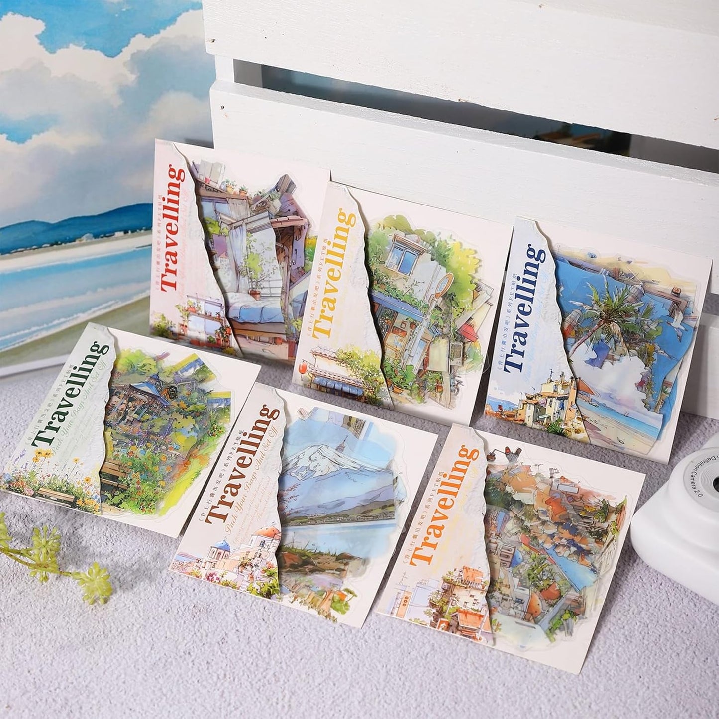 120 Pieces Vintage Traveling Landscape Creation PET Stickers, 6 Pack Aesthetic Decorative Stickers for Scrapbooking DIY Diary Junk Journal Handbook Album Decoration Journaling Scrapbooking Supplies
