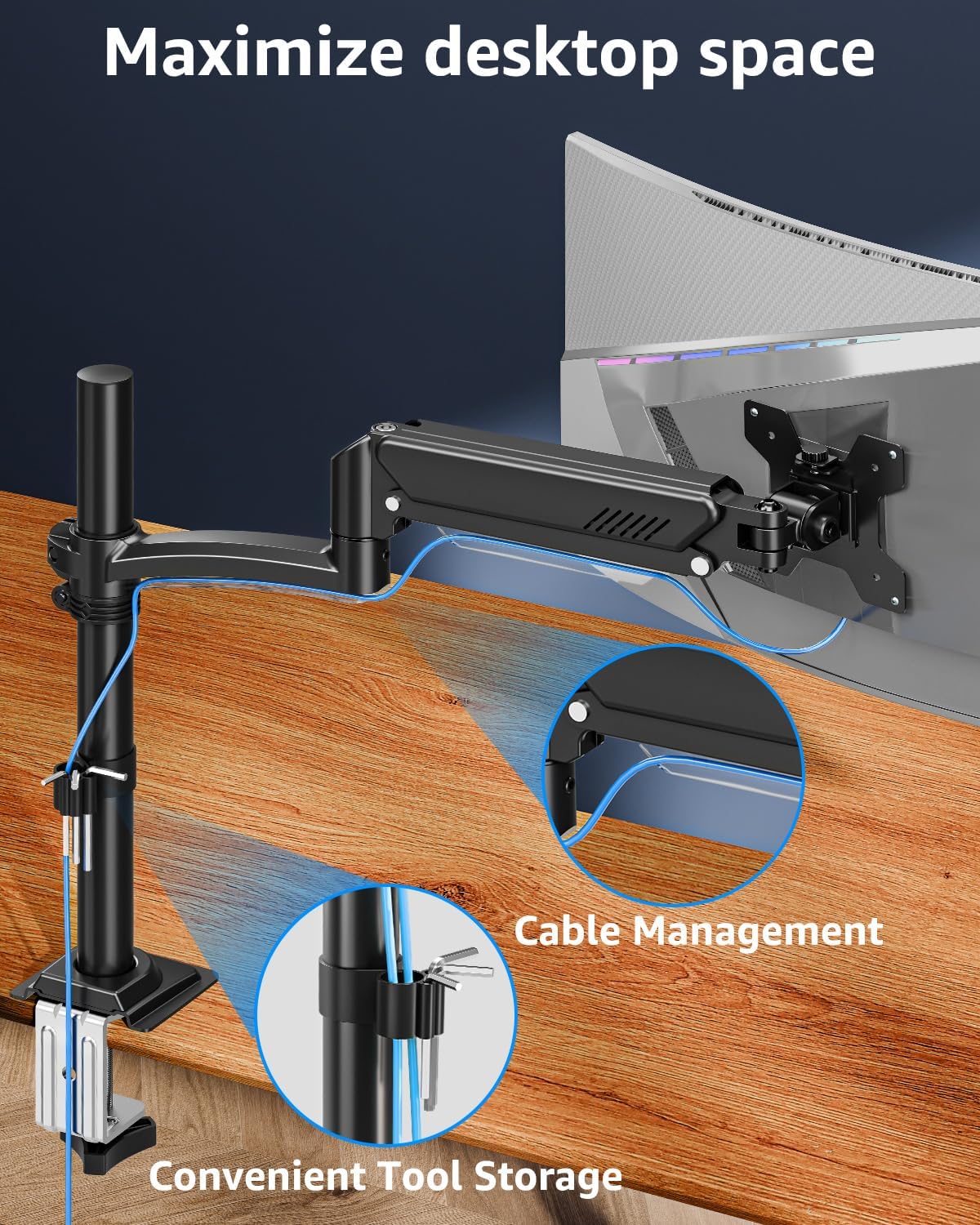 Single Monitor Arm Holds 4.4-22lbs, Monitor Stand for Desk, Height Adjustable Monitors Mount for 32 27 24 22inch, Full-Motion Monitors Desk Mount with C-Clamp＆Grommet Base, Freelift Black