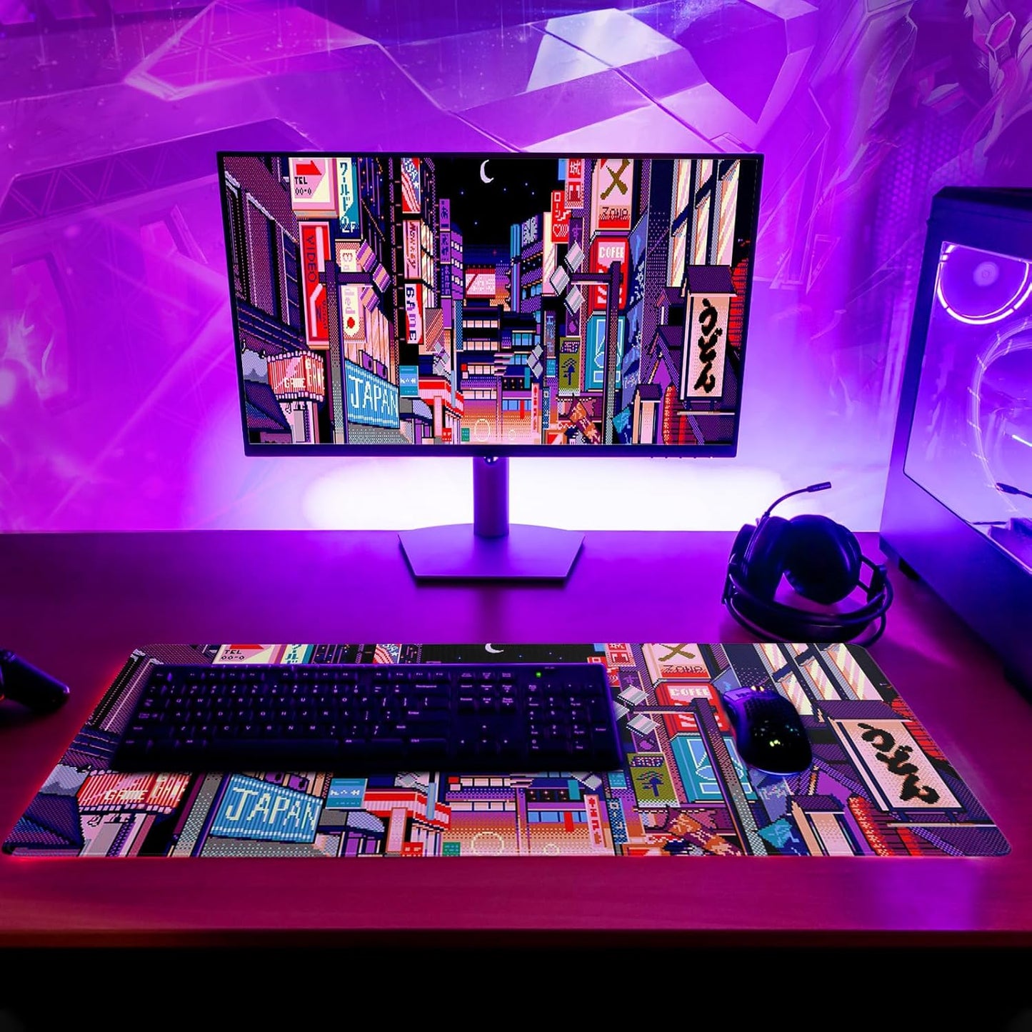 Dark Purple Japanese Gaming Mouse Pad Abstract Anime Mat 27.6x11.8 Inch Tokyo Pixel Street Texture Non-Slip Rubber Base Kawaii Mousepad Stitched Edges Keyboard Desk Pad for Office and Home Game