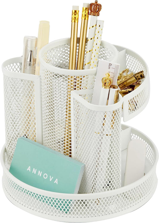 Annova Mesh Desk Organizer Rotate with 6 Compartments Round Spinning Tidy Candy/Pen Holder Desk Accessories Office, Art Supply, Storage, Classroom, Home (White)