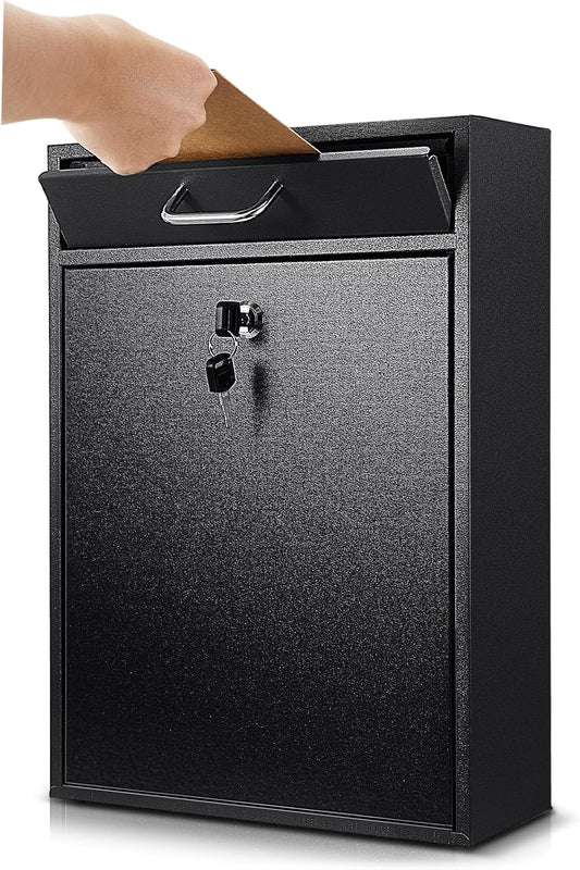 Locking Mailbox with Key for Outdoor 16.2 x 11.2 x 4.7 Inches Large Wall Mount Mail Box with Lock Security Mail Drop Metal Collection Boxes Hanging Secure Postbox(Black)
