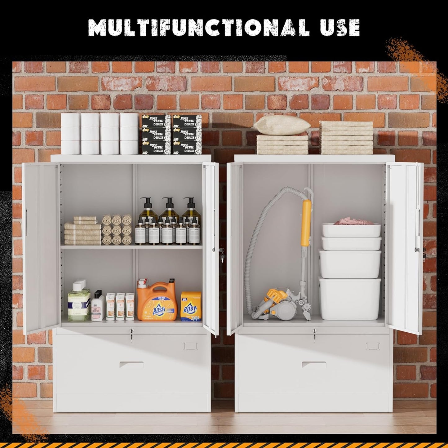 INTERGREAT Metal Storage Cabinet,Metal File Cabinet with Lockable Doors and Adjustable Shelves，Pantry Storage Cabinets for Garage,Home Office,Kitchen(White)