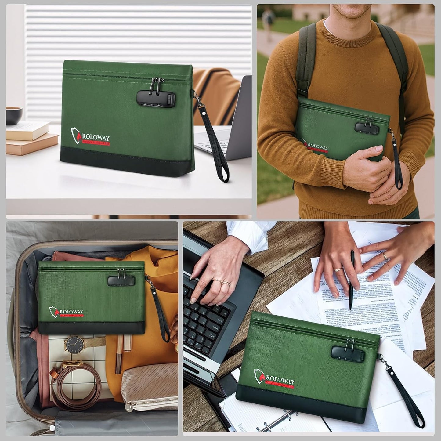 ROLOWAY Fireproof Money Bag with Lock for Cash, 6400°F Fire Proof Document Bag (12.2 x 8.5 x 1.6 inches), Money Pouch with Zipper (Green)