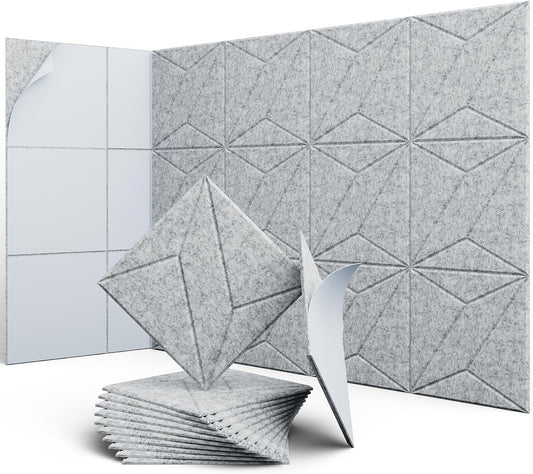 12 Pack 12" X 12" X 0.4" Acoustic Panels for Wall Sound Absorbing, P-Stripes Square Self-Adhesive Sound Panels, High Density Suitable for Multiple Scenarios(Silver Gray)