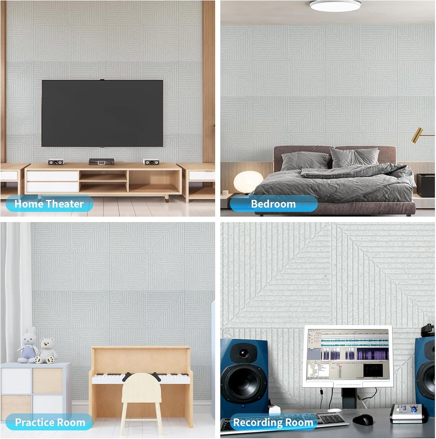 Art3d 6-Pack Self-Adhesive Acoustic Wall Panels for Home Décor, 24 x 24 Inch Soundproofing Panels for Office Studio Bedroom - High Noise Absorption Polyester Fiber, Gray