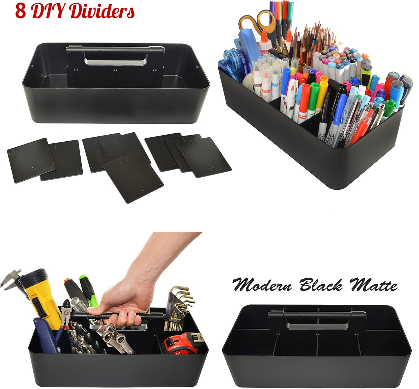 8 Compartments DIY Dividers,Large Portable Caddy, Multi Purpose,Stackable, Modern Solution for School, office, Desktop Endless use of your Choice -MADE IN USA (Black)
