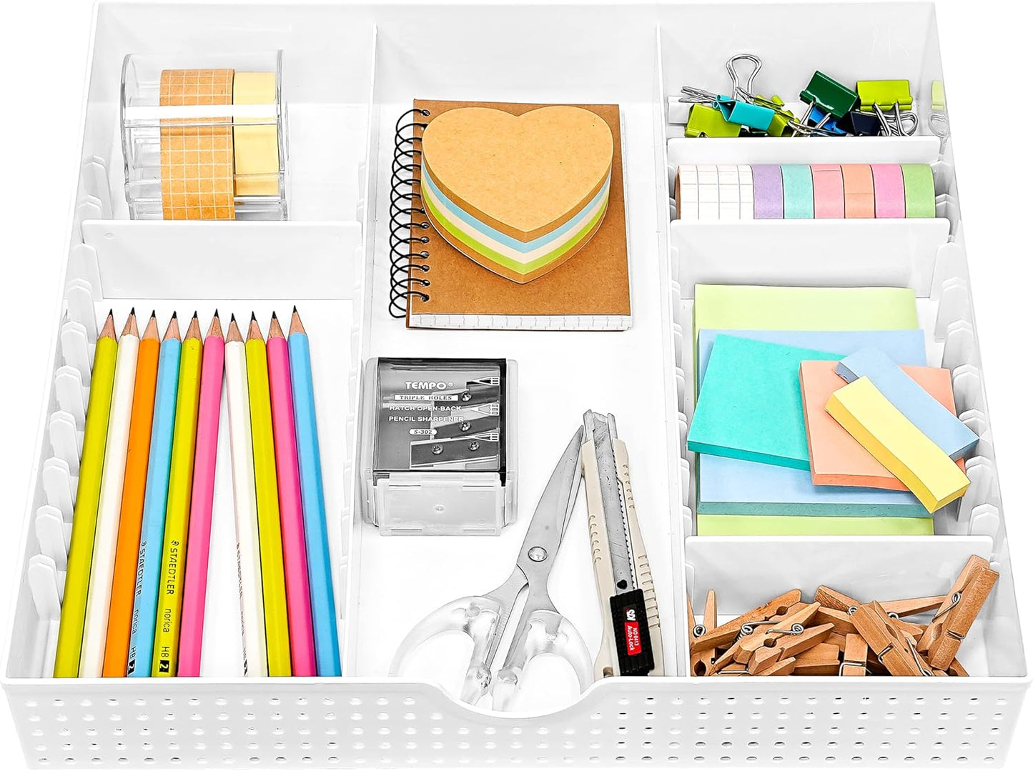 CAXXA 3 Slot Drawer Organizer with 4 Adjustable Dividers - Junk Drawer Storage for Makeup & Vanity, Office Desk Supplies and Accessories (WHITE, 1 PACK)