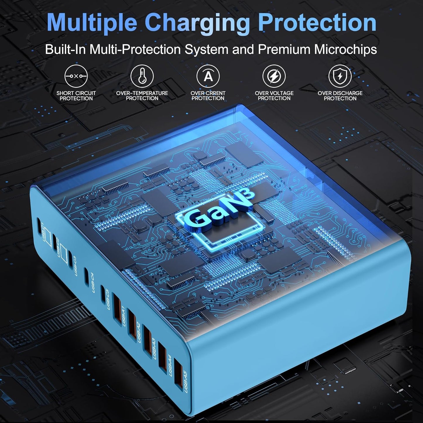 420W USB C Charger Block,10-Port Charging Station GaN Fast Charging Type C & USB A Wall Charger Adapter for MacBook Pro/Air,iPhone,iPad,Dell XPS,Samsung Galaxy(Blue)