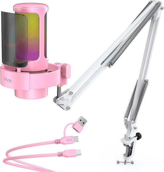 FIFINE USB Streaming Microphone with Boom Arm, Gaming Mic Kit for PC PS4/PS5, Podcast Microphone for Podcast with RGB Control, Mute Button, Gain Knob, Headphones Jack, Pop Filter-A8T Pink