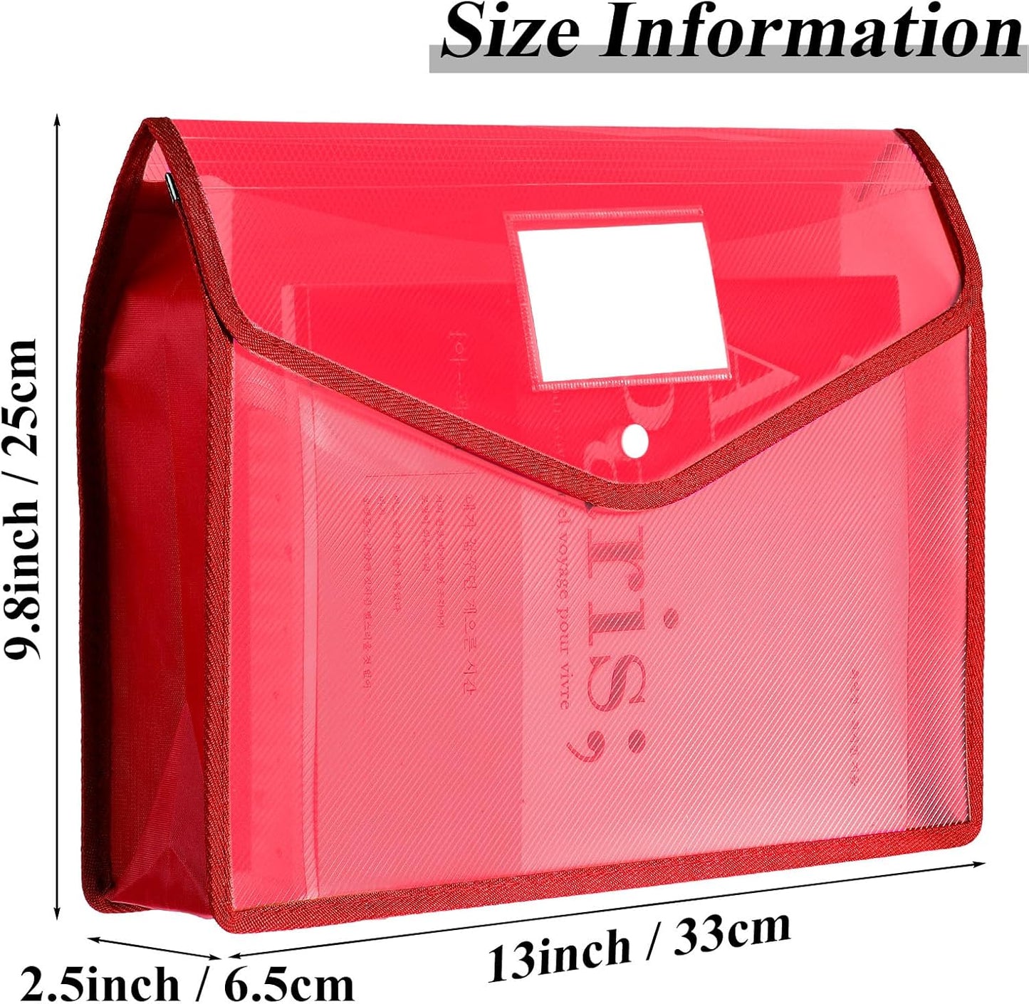 10 Pieces Plastic File Folders Envelope Expanding File Wallet Organizer Documents Folder with Snap Closure and Pocket, A4 Size Waterproof Transparent Pouch(Red,Horizontal)