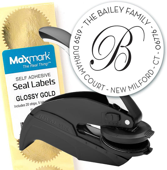 Custom Monogram Address Embosser - Personalized Round Seal with 50 Gold Seal Labels - Style EM028