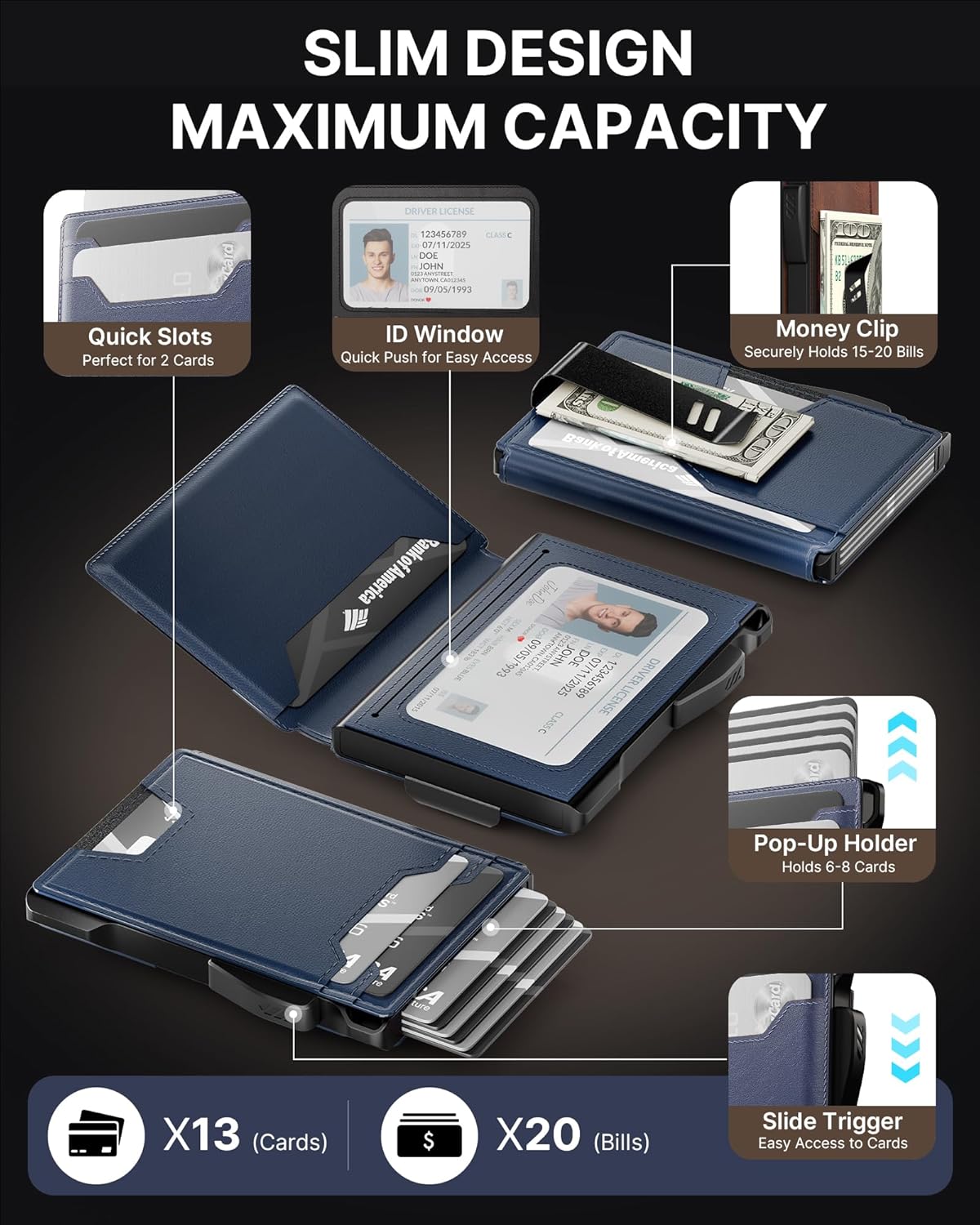 typecase Wallet for Men: Rfid-blocking with Money Clip Slim Leather Bifold ID Window Smart Pop Up Card Case Front Pocket Wallet with Gift Box (Navy Blue)