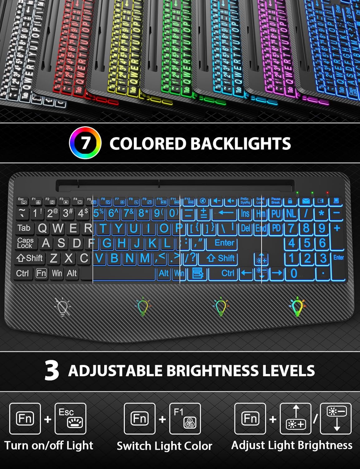 Wireless Keyboard and Mouse Backlits, Wrist Rest, LED Mouse, Rechargeable Ergonomic Keyboard with Phone Holder, Silent Light Up Combo for Computer, Mac, PC, Laptop, Chromebook (Black Large Print)
