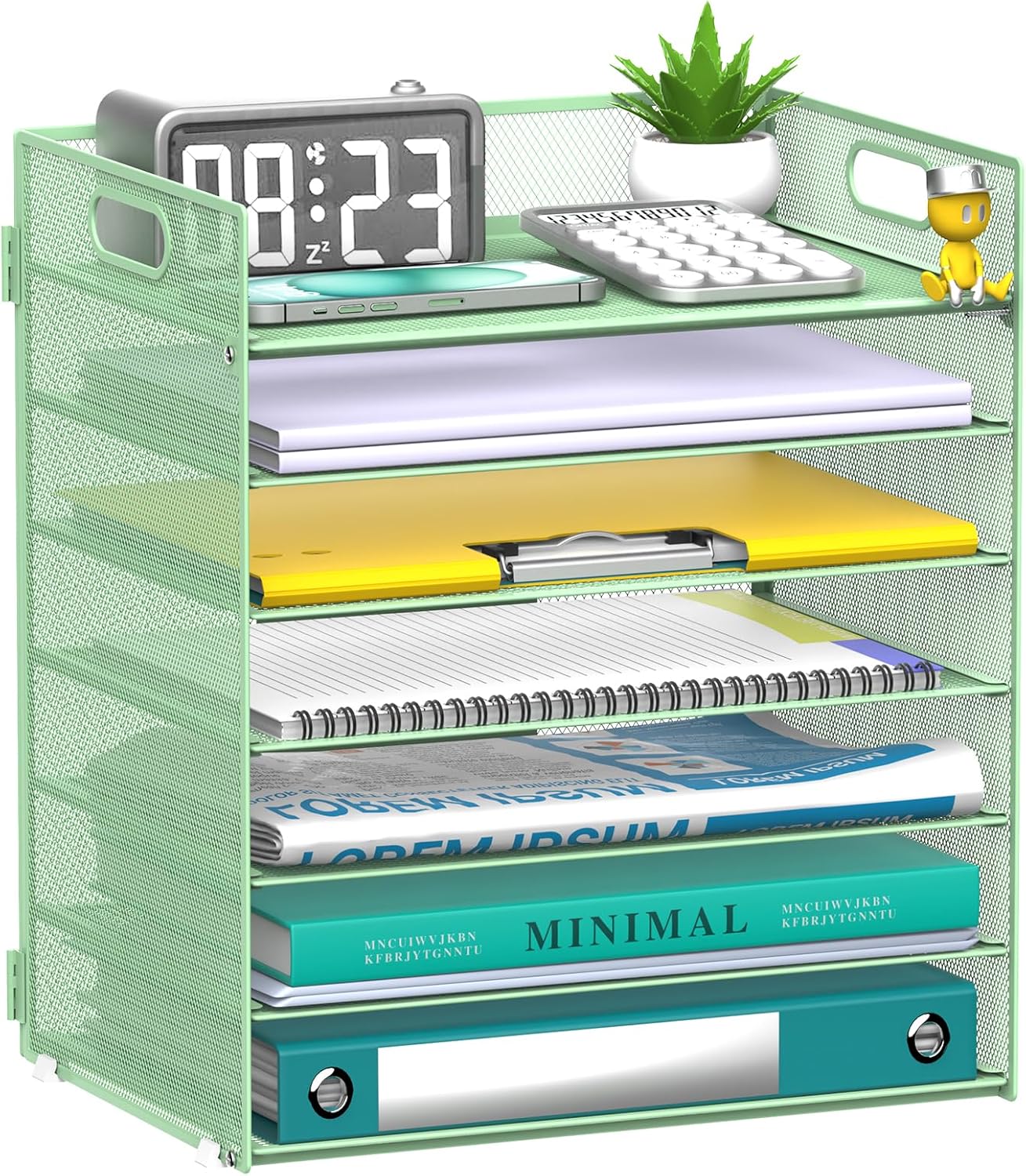 7 Tier Paper Organizer - Mesh Desktop File Holder with Handles for Office School Desk, Black (Mint green)