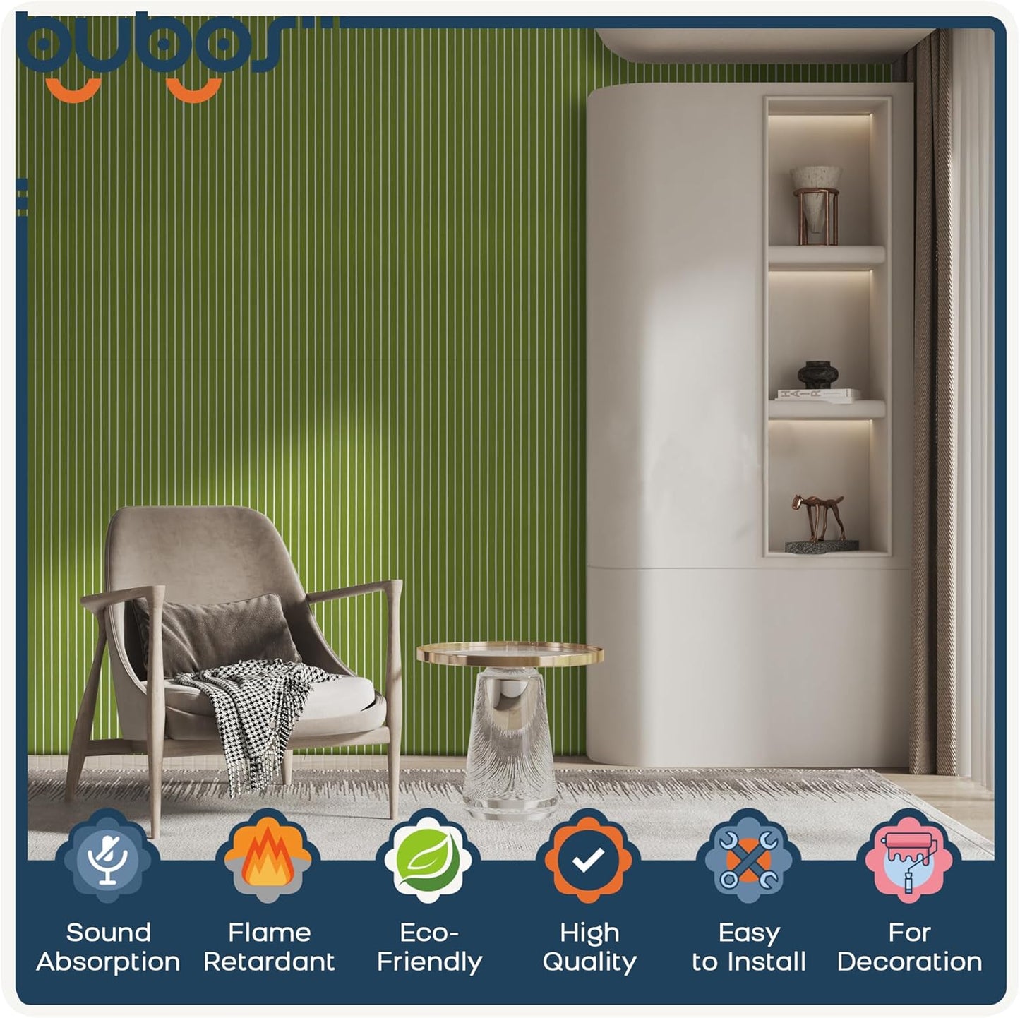 BUBOS 10 Pack Large Acoustic Panels, 48"X 12"X 0.4" Sound Proof Panels for Walls,Decorative Self-Adhesive Acoustical Wall Panels,3D Slat Sound Panels for Home Office Studio (Green 01)