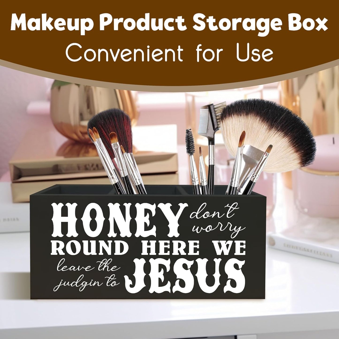 Christian Sign Decor for Desk Pen Holder, Honey Round Here We Jesus Christian Gifts for Women,Jesus Home Shelf Decor Wooden Pencil Holder for Office Desk Accessories