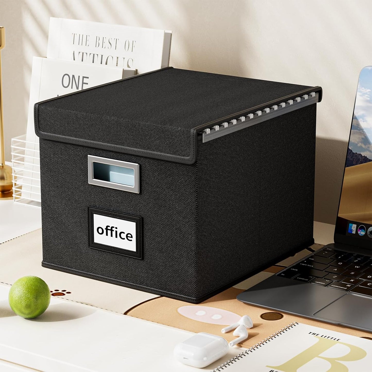 Huolewa Upgraded Portable File Organizer Box, Large Linen Hanging Office Document Storage Box with Lid - Black, Collapsible Filing & Storage Boxes for Office/Decor/Home - 14.9 x 12.59 x 10.8 inch