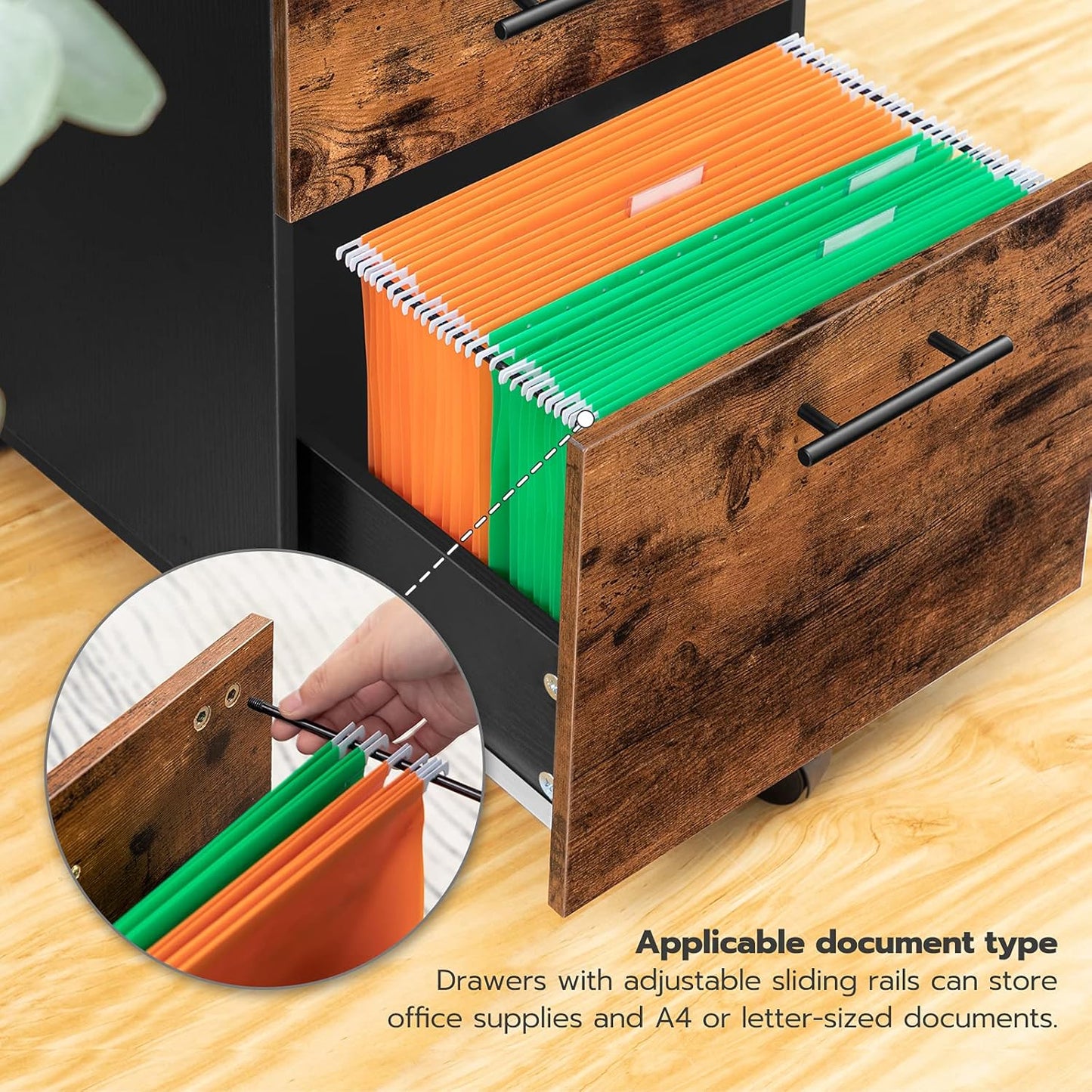 HOOBRO 3-Drawer File Cabinet, Wooden Under Desk Filing Cabinet, fits A4/Letter Size for Home Office, Small Rolling Storage Drawer Chest, Printer Stand with Drawers, Rustic Brown and Black BF02WJ01G1