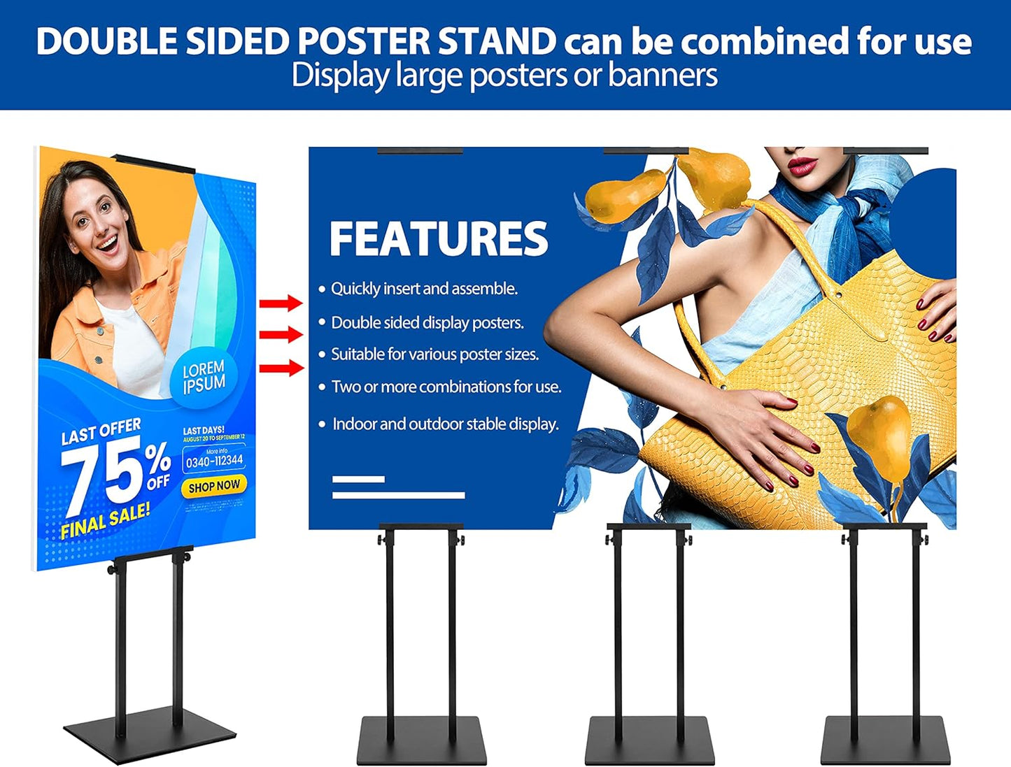 2Pack Poster Stand for Display, Heavy Duty Floor Standing Sign Holder, Double-Sided Poster Board Stand, Adjustable Height Up to 80 inch, Outdoor Banner Stand for Board & Foam Display, Black