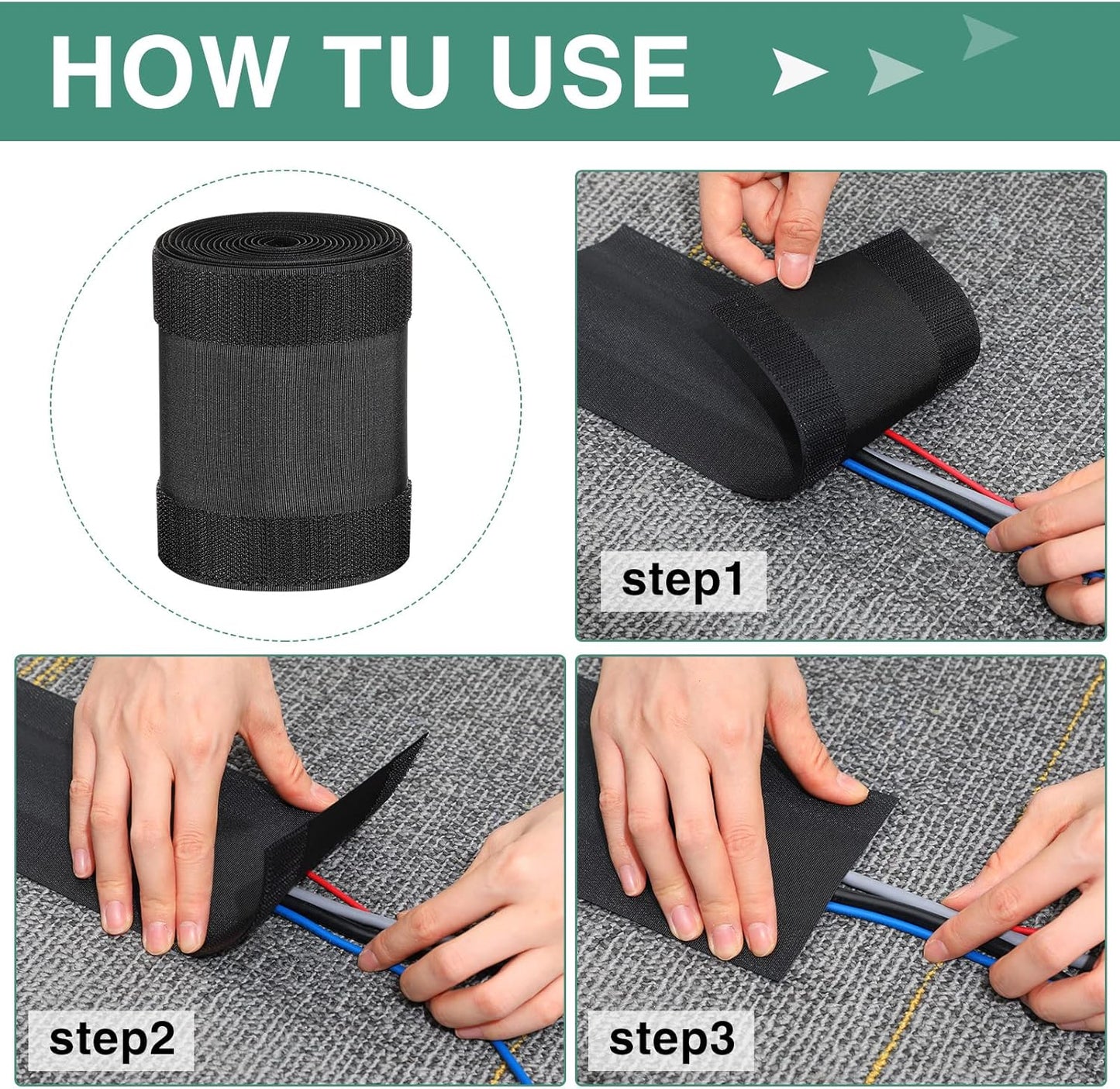 WILLBOND Carpet Cord Cover Cable Grip Floor Cover Cable Protector Management Only for Commercial Office Carpet(Black,98.43 ft)