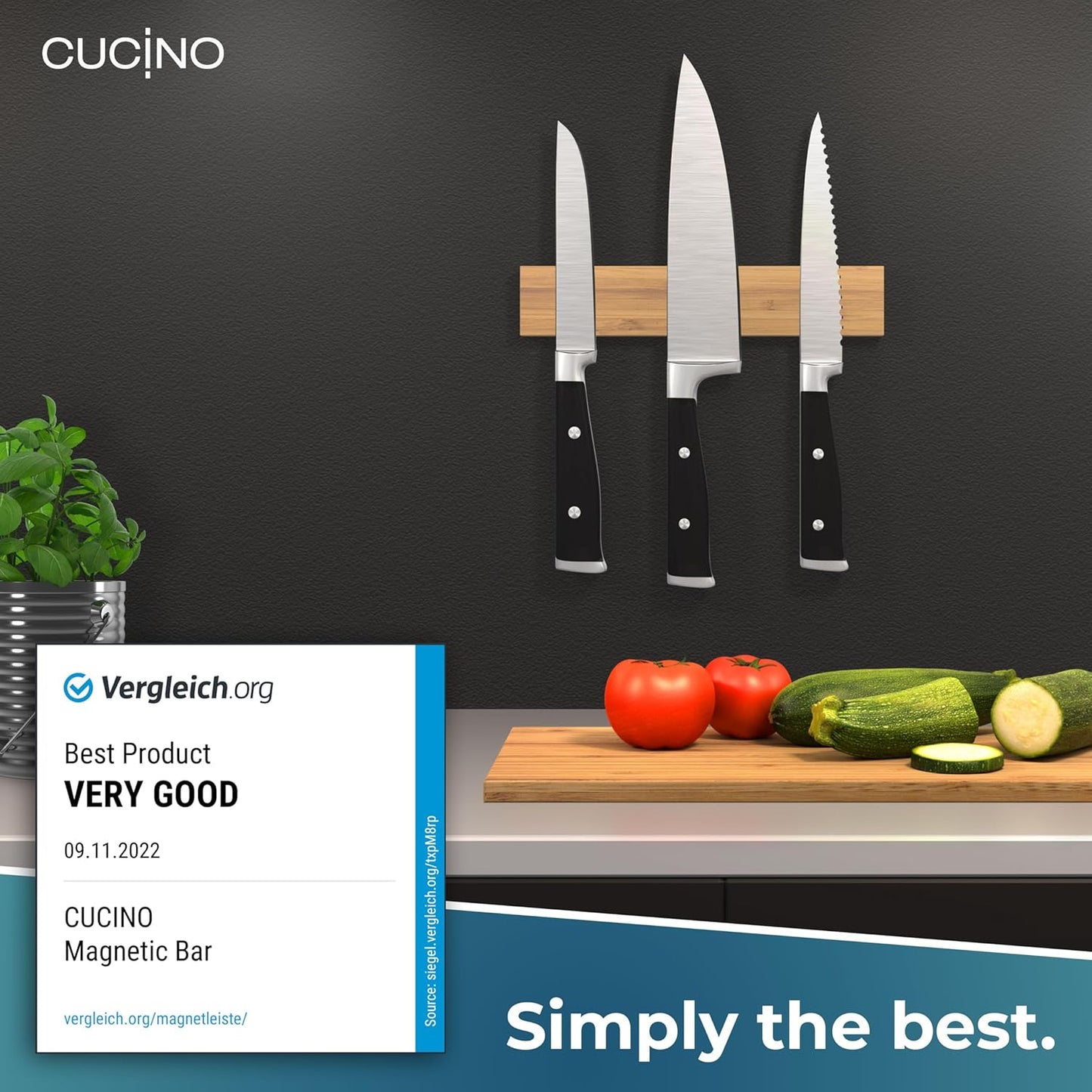 CUCINO Magnetic Knife Holder for Wall 10" No Drilling incl. Self Adhesive Tape - Extra strong Knife Holder - Awarded Knife Magnetic Strip - Made of Bamboo