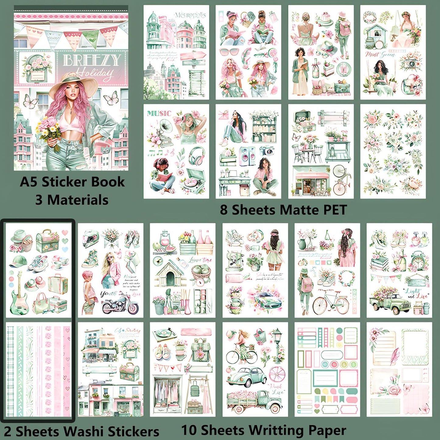 YagCu Journaling Stickers, Breezy Holiday Scrapbook Sticker Book, Junk Journal Supplies, Pre-Cut Aesthetic Scrapbooking for Adults, Decorative Ephemera Bullet Planner Arts Craft Collage