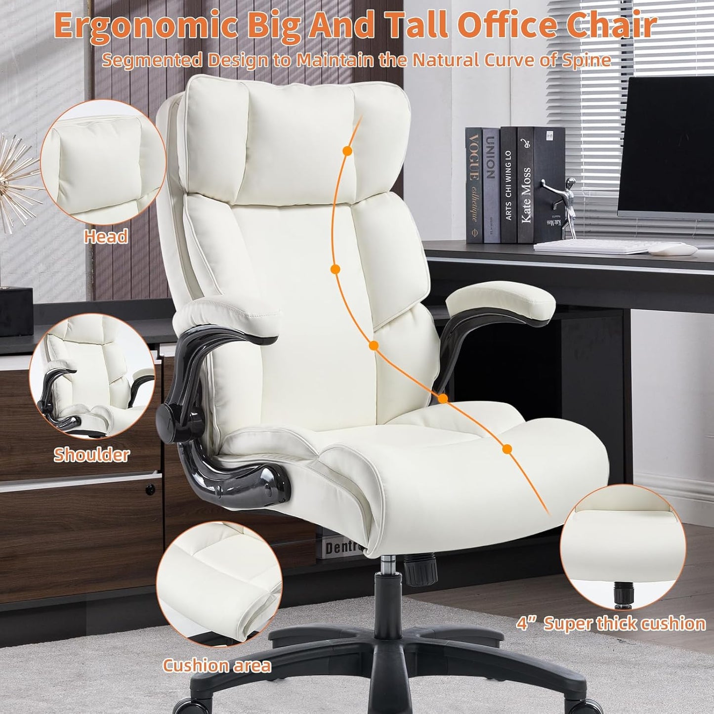 Big and Tall Office Chair 500lbs Wide Seat Executive Office Desk Chair High-Back Office Task Chair with Flip-Up Armrest, Ergonomic Lumbar Support Computer Office Chairs for Heavy People(White)