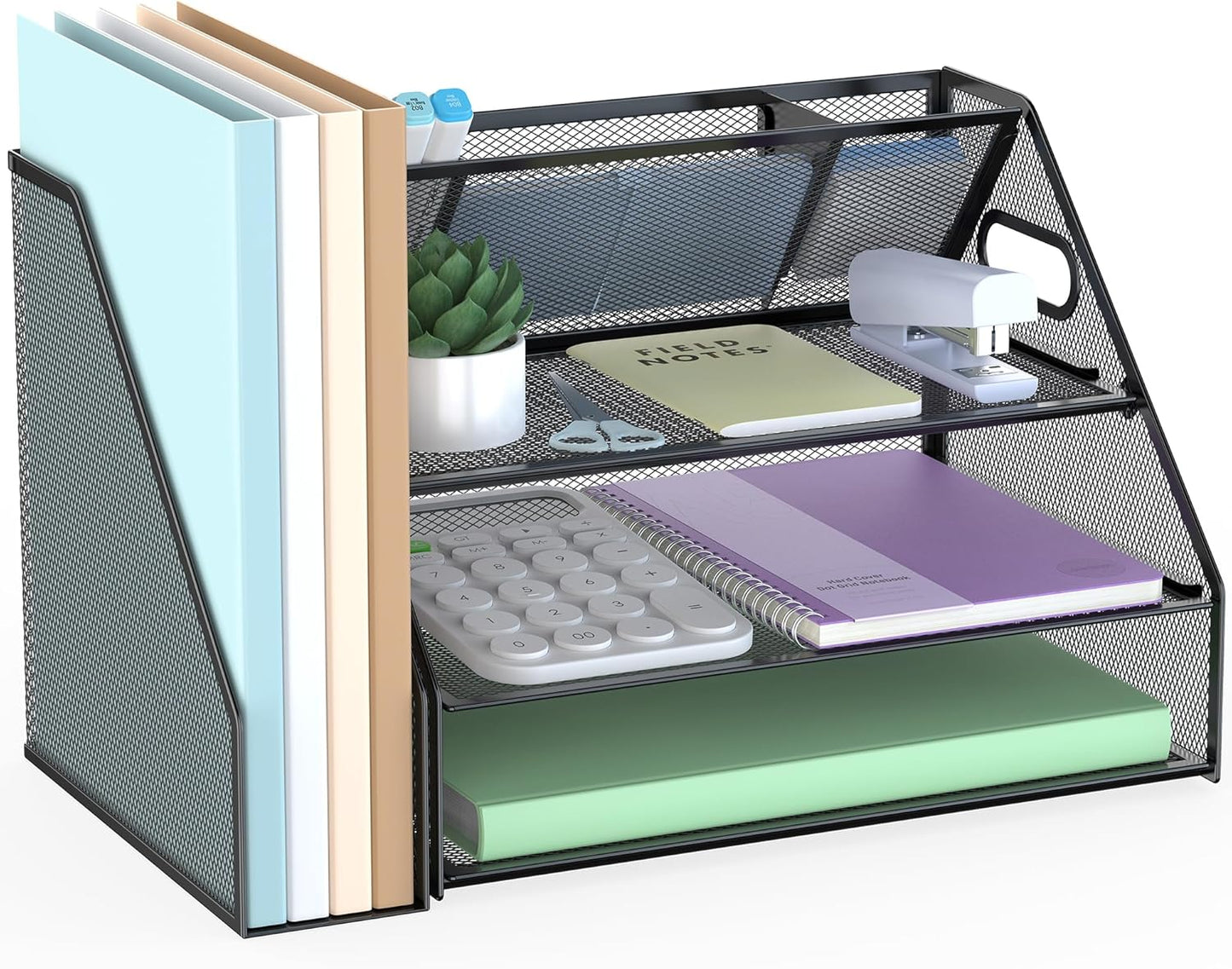 DocNest 3 Tier Paper Letter Tray, Metal Mesh Desk Organizer with Handle Builtin Pen Holder Space Saving Desktop File Storage for Office Supplies Black