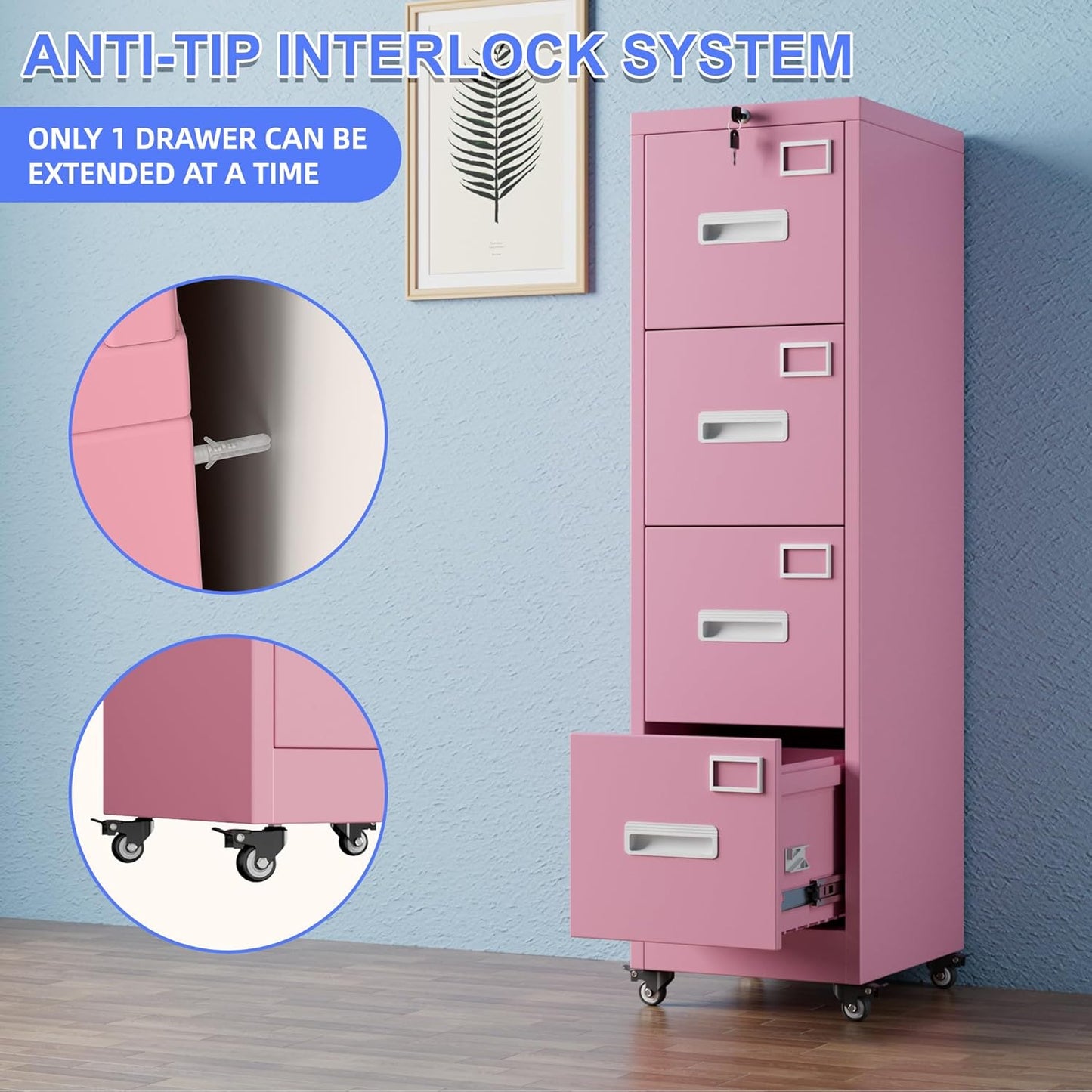 METAN 4 Drawer Vertical File Cabinet on Wheels, Lockable Office Files Storage Cabinet with Handle and Name Card,Mobile Storage Cabinet for Office and Home,Assembly Required,Pink