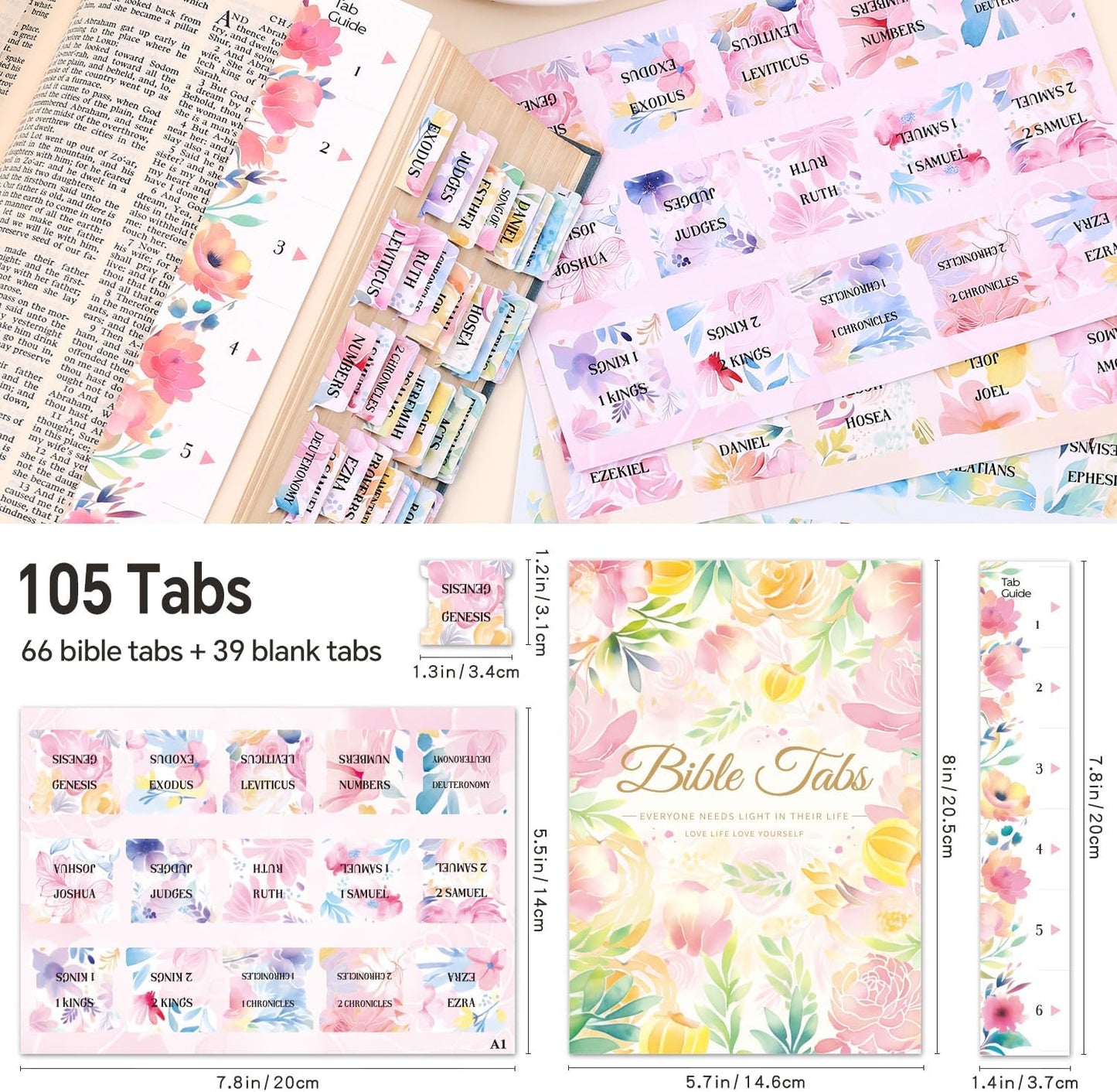 Bible Tabs for Women, 66 Large Print Laminated Bibles Chapters Index Tabs and 39 Blank Dividers Sticky Labels, Cute Beauty Bloom Bible Study Supplies, Journaling Accessories, Christian Gifts for Men