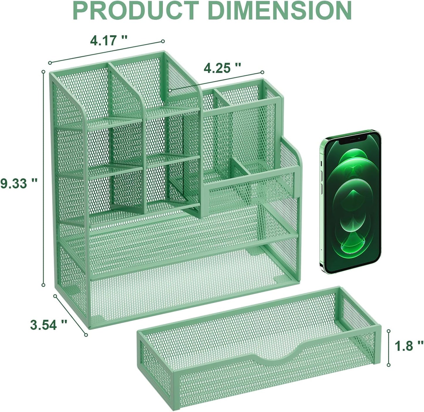 Marbrasse Mesh Pen Holder for Desk, Multi-Functional Pencil Organizer with Drawer, Desk Organizers and Accessories for Office Art Supplies (Green)