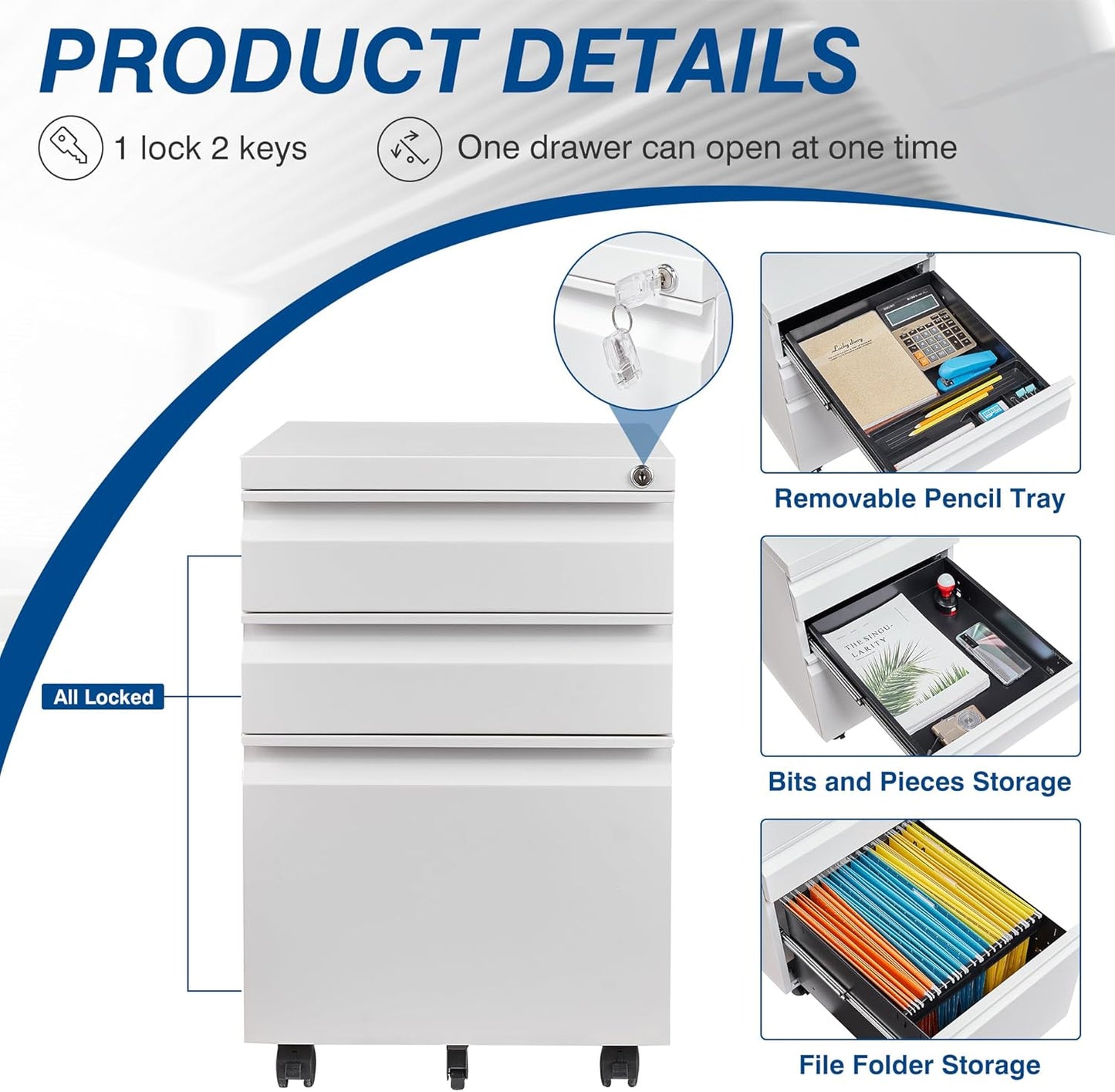 3 Drawer Vertical File Cabinet, Mobile Filling Cabinet with Lock for Legal/Letter Size, Pre-Built Office Storage File Cabinet with Wheels Under Desk - Fully Assembled
